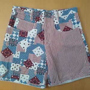 Vintage Stone Gear Patchwork Stripes Denim Shorts